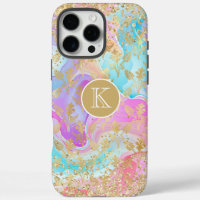 Colourful Liquid Marble Gold Floral Monogram