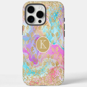 Colourful Liquid Marble Gold Floral Monogram iPhone 16 Pro Max Case