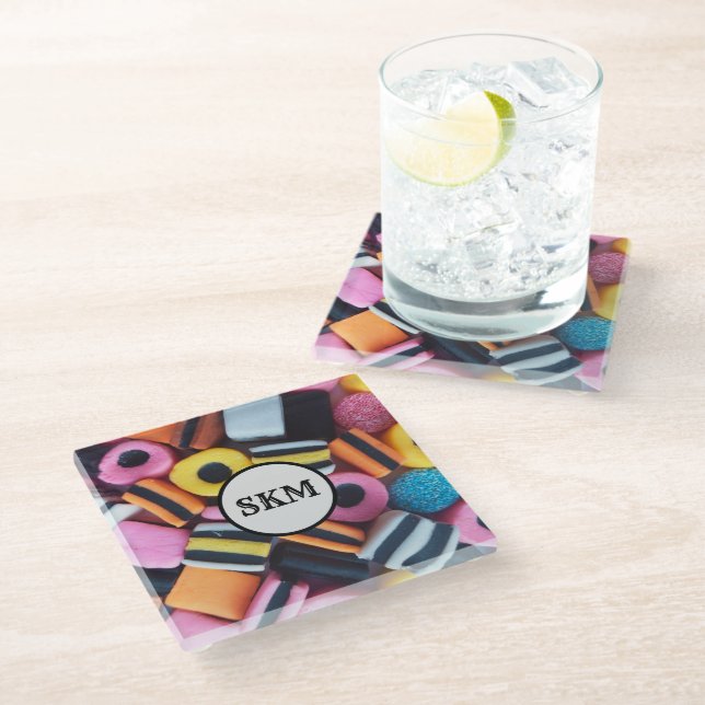 Colourful Liquorice Allsorts Candy Monogram Initia Glass Coaster (Angled)