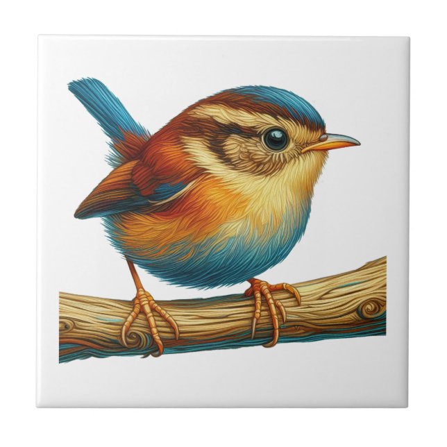 Colourful Little Bird on Branch Art Ceramic Tile (Front)
