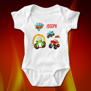 Colourful Little Boy Monster Trucks with First Nam Baby Bodysuit