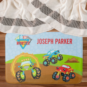 Colourful Little Boy Monster Trucks with First Nam Bath Mat