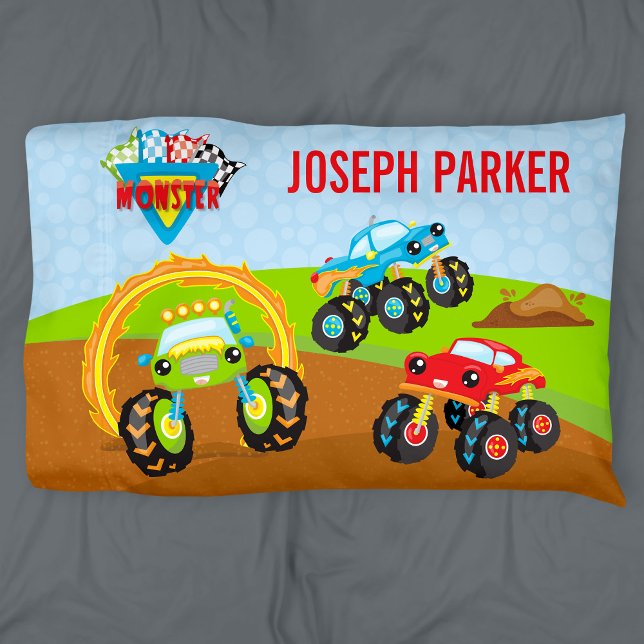Colourful Little Boy Monster Trucks with First Nam Pillowcase (Creator Uploaded)