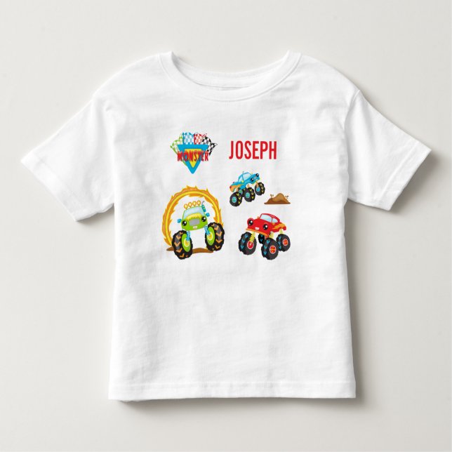 Colourful Little Boy Monster Trucks with First Nam Toddler T-Shirt (Front)