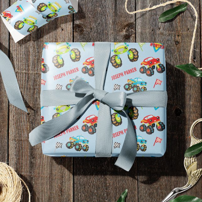 Colourful Little Boy Monster Trucks with First Nam Wrapping Paper (Creator Uploaded)