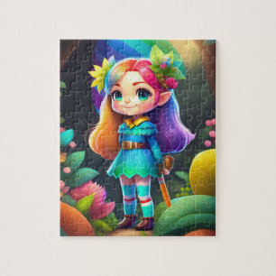 Colourful Little Cute Elf Girl With Flowers, Elf Jigsaw Puzzle