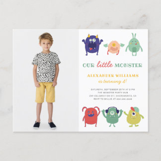 Colourful Little Monster Kid's Photo Birthday Invitation Postcard
