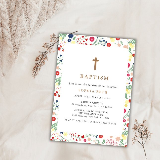 Colourful Little Wildflower Frame Cross Baptism Invitation (Colorful Little Wildflower Frame Cross Baptism Invitation)
