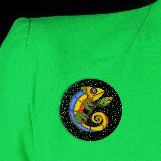 Colourful Lizard on a Branch 6 Cm Round Badge (Colourful fantasy lizard holding twig with leaf on black with green dots round pin back button.)