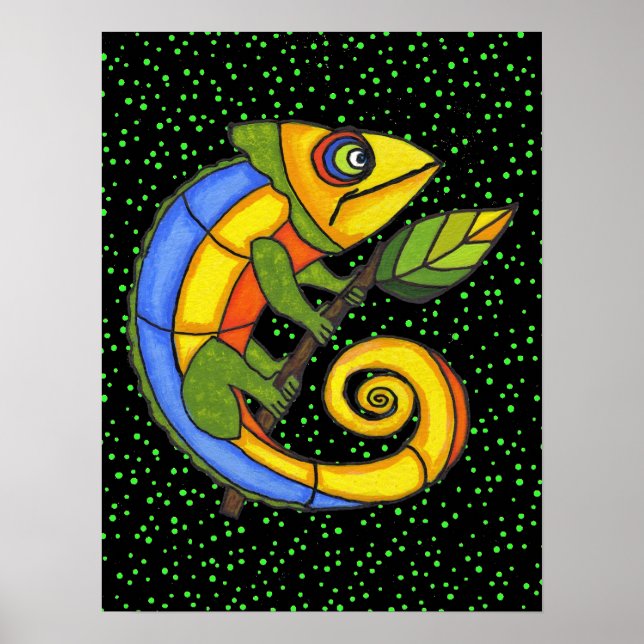 Colourful Lizard on a Branch Original Painting Poster (Front)