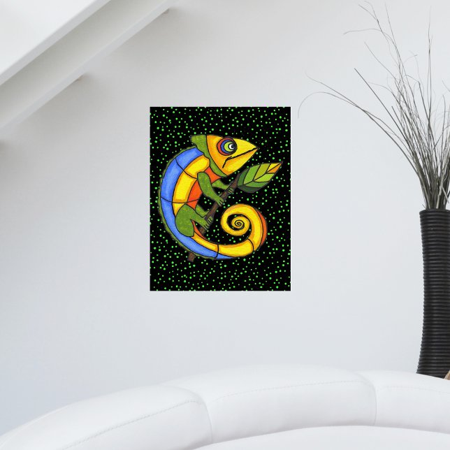 Colourful Lizard on a Branch Original Painting Poster (bright colouful fantasy lizard multiple colours holding leaf on vibrant green dots on black poster.)