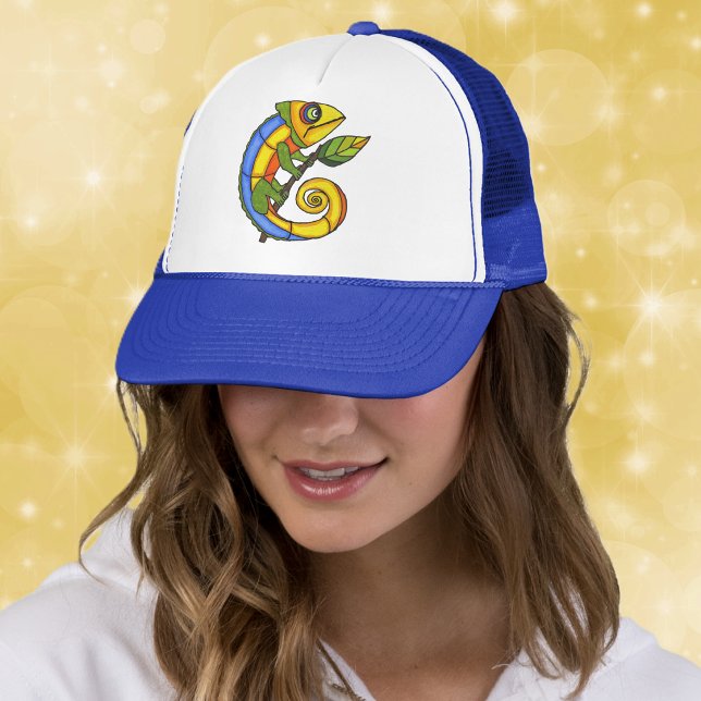 Colourful Lizard on a Branch Trucker Hat (Colourful bright fantasy lizard holding green leaf on stick on trucker or ball cap.)