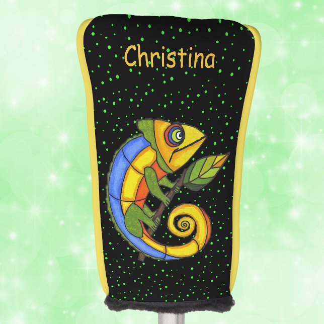 Colourful Lizard on Branch Leaf Green Dots Golf Head Cover (Brightly coloured fantasy lizard leaf green polka dots on black golf club cover.)