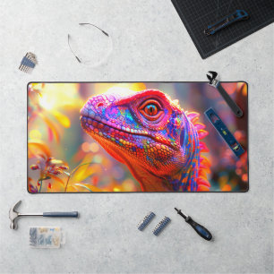 Colourful Lizard Portrait Striking Neon Reptile Desk Mat
