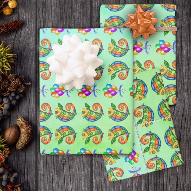 Colourful Lizards Happy Birthday Balloons Green Wrapping Paper Sheet (Brightly coloured cute lizards bunches of balloons on green blue Happy Birthday gift wrap for kids.)