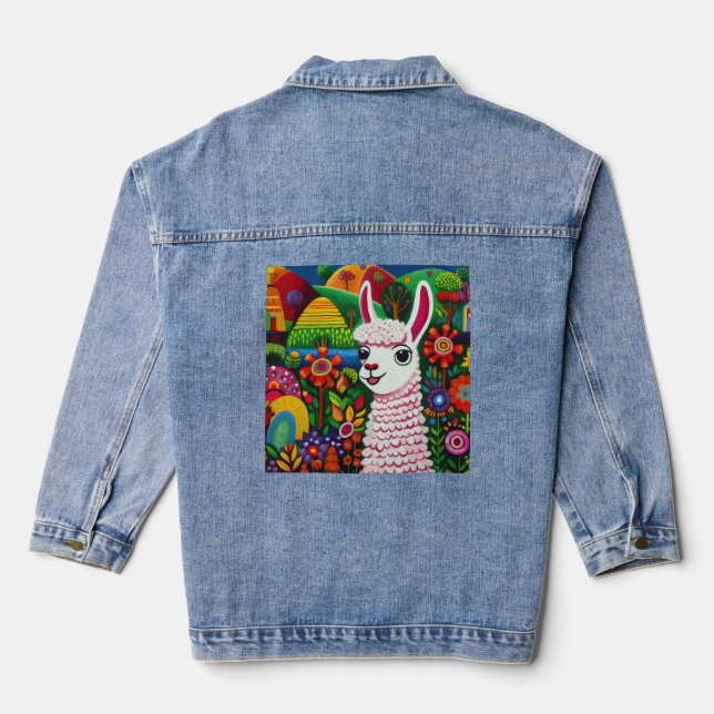 Colourful llama surrounded by flowers painting denim jacket (Back)