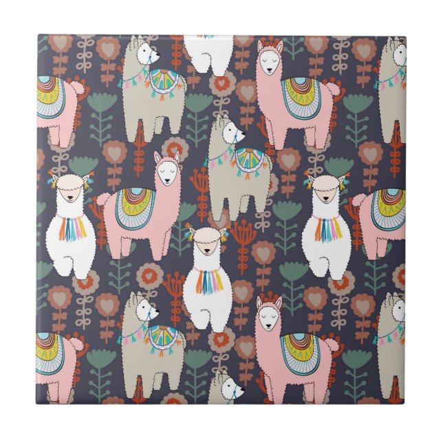 Colourful Llamas Pattern Ceramic Tile (Front)