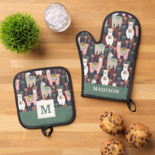 Colourful Llamas Pattern Oven Mitt & Pot Holder Set