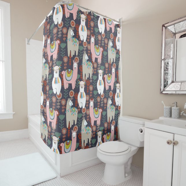 Colourful Llamas Pattern Shower Curtain (In Situ)