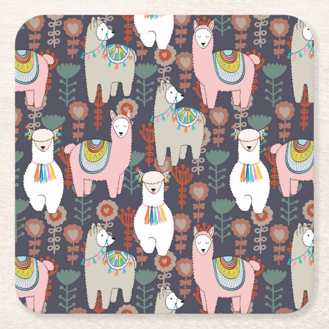 Colourful Llamas Pattern Square Paper Coaster (Front)
