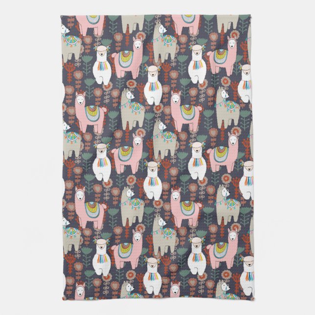 Colourful Llamas Pattern Tea Towel (Vertical)