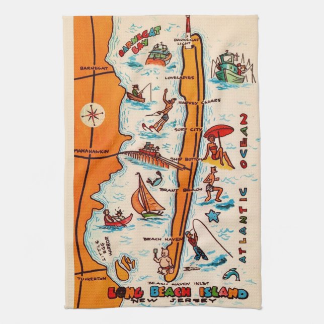 Colourful Long Beach Island Map  Tea Towel (Vertical)