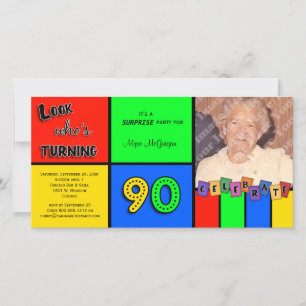 Colourful Look Whos Turning 90 Birthday Invite