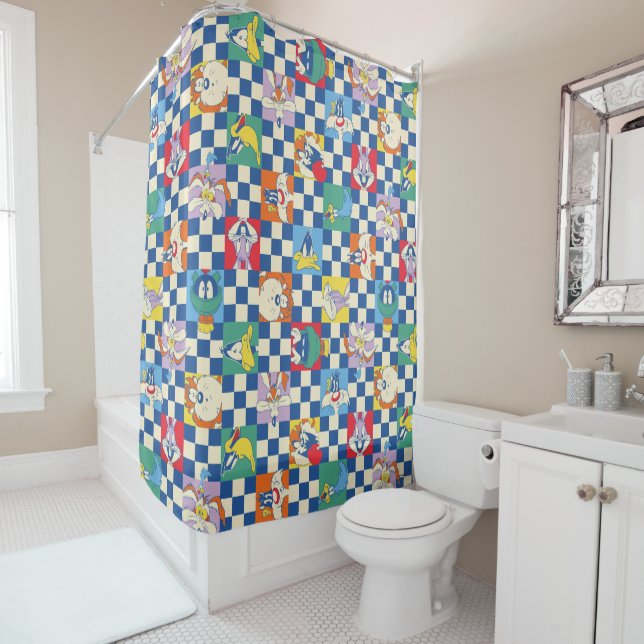 Colourful LOONEY TUNES™ Chequered Toss Pattern Shower Curtain (In Situ)