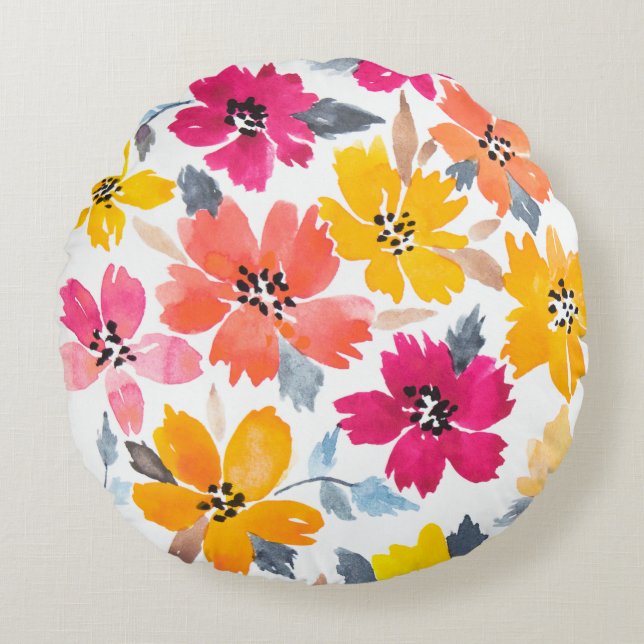Colourful Loose Floral Watercolor Flowers Round Cushion (Front)