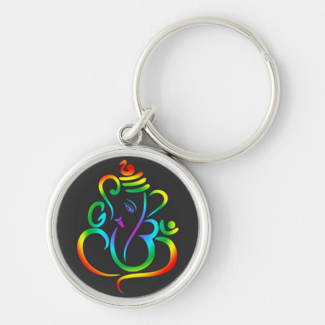 Colourful Lord Ganesha on black Key Ring (Front)