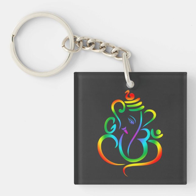 Colourful Lord Ganesha on black Key Ring (Front)