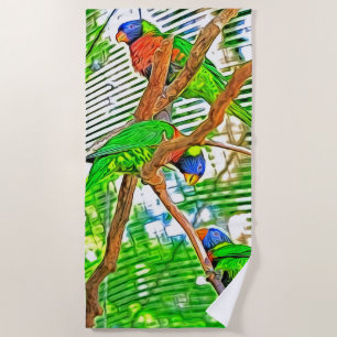 Colourful Loris on a branch - parrots - painting Beach Towel