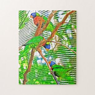 Colourful Loris on a branch - parrots - painting Jigsaw Puzzle