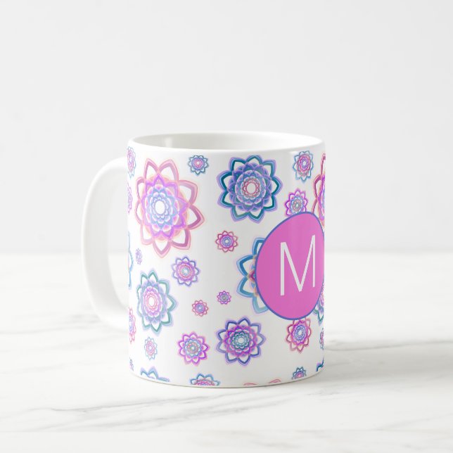 Colourful Lotus Flower Monogram Pink Pastel Green Coffee Mug (Front Left)