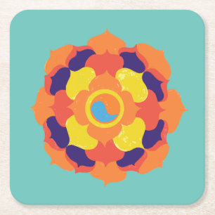 Colourful Lotus Flower Yin & Yang Mandala Square Paper Coaster