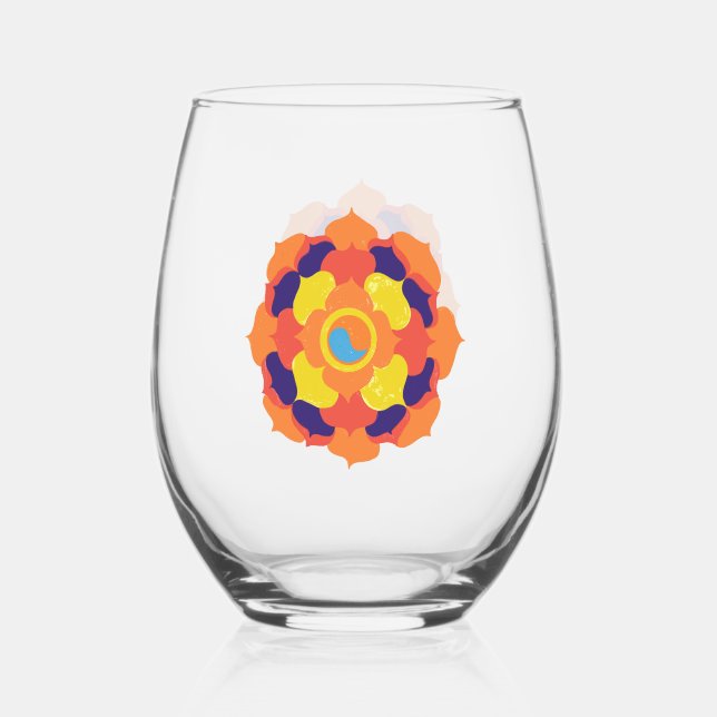 Colourful Lotus Flower Yin & Yang Mandala    Stemless Wine Glass (Front)