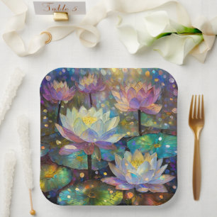 Colourful Lotus Flowers Blossoming in the Snow Paper Plate