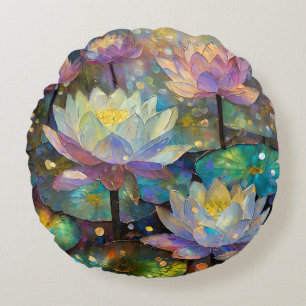 Colourful Lotus Flowers Blossoming in the Snow Round Cushion