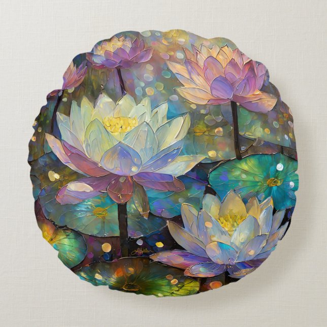 Colourful Lotus Flowers Blossoming in the Snow Round Cushion (Front)