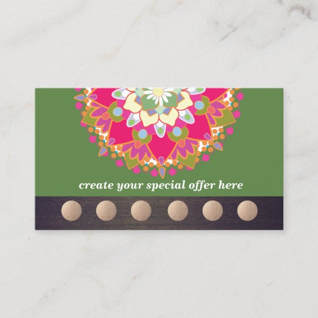 Colourful Lotus Mandala Yoga 6 Class Punch Loyalty Card (Front)