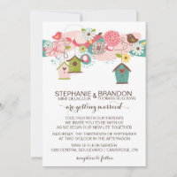 Colourful Love Birds & Bird Houses Wedding Invite