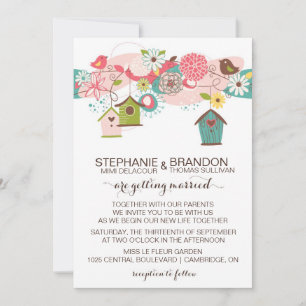 Colourful Love Birds & Bird Houses Wedding Invite