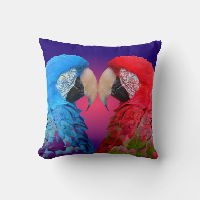Colourful love birds, macaw or parrot cushion (Front)