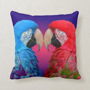Colourful love birds, macaw or parrot cushion