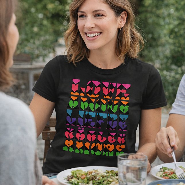 Colourful Love Geometric Heart Pattern T-Shirt (A shirt that says love in a variety of languages with rainbow neon hearts.)
