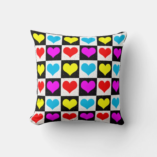 Colourful Love Hearts Geometric Block Print Cushion (Front)