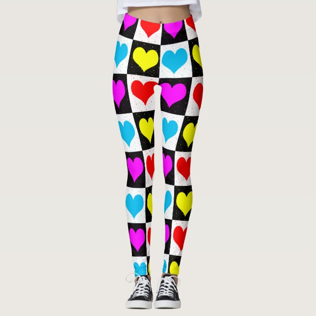 Colourful Love Hearts Geometric Block Print Leggings (Front)