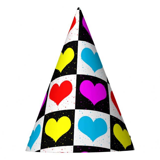 Colourful Love Hearts Geometric Block Print Party Hat (Front)