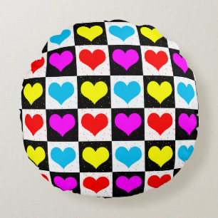 Colourful Love Hearts Geometric Block Print Round Cushion