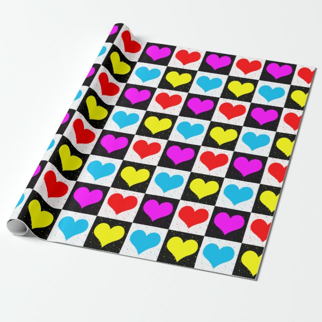Colourful Love Hearts Geometric Block Print Wrapping Paper (Unrolled)